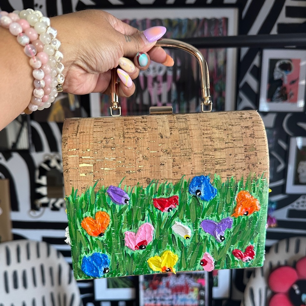 LONDON ROCK HANDPAINTED 3D WILDFLOWERS CORK BAG